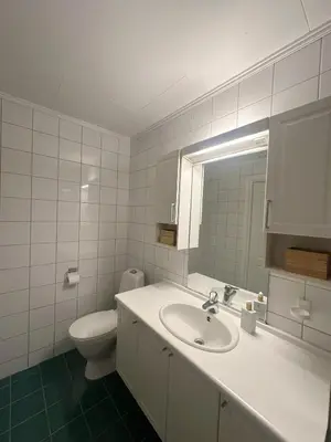 a bathroom with a sink and a toilet and a mirror at House near Granåsen Ski Arena in Trondheim