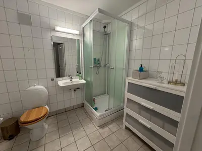a bathroom with a shower and a toilet and a sink at Modern Home with a View, Easy access to World Ski Championships in Malvik