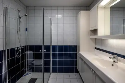 a bathroom with a shower and a sink and a toilet at Bakkebyvegen 15B in Trysil