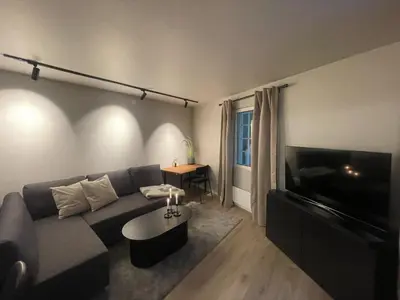 a living room with a couch and a flat screen tv at Newly renovated apartment in the middle of Trondheim city centre in Trondheim