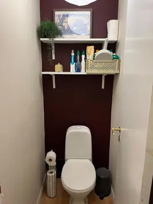 a bathroom with a toilet with a shelf above it at Top floor, cozy apartment, centrally located in Trondheim in Trondheim