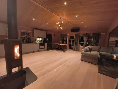 a living room with a couch and a fireplace at Hytte-13 Cozy cabin close to Kvitfjell in Fåvang