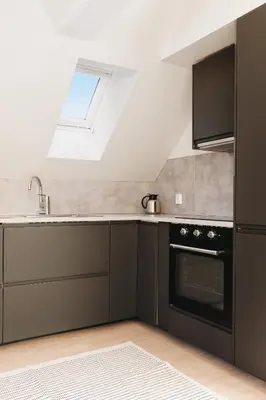 a kitchen with black cabinets and a skylight at 200m to Torgalmenningen & 20 sqm terrace in Bergen