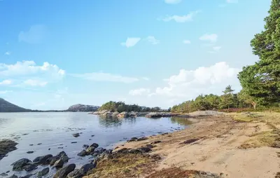 a beach with rocks in the water and trees at Gorgeous Home In Eivindvik With Wifi in Eivindvik