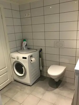 a bathroom with a washing machine and a toilet at Amazing home in the heart of Nordfjordeid in Nordfjordeid
