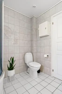 a white bathroom with a toilet and a plant at World Cup Trondheim 2025 in Trondheim