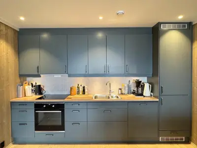 a kitchen with blue cabinets and a sink at Exclusive and cozy apartment central Geilo area in Geilo