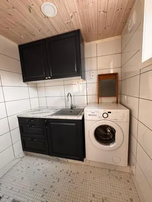 a small kitchen with a washing machine and a sink at Ustedalen Lodge in Geilo
