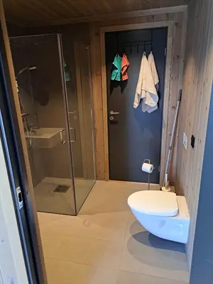 a bathroom with a shower and a toilet and a glass door at Rabbelia by Norgesbooking - cabin in great hiking and skiing area in Ål