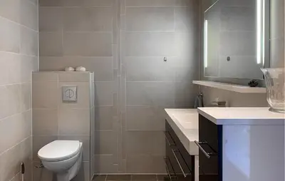 a bathroom with a toilet and a sink and a mirror at Cozy Home In Stryn With Sauna in Stryn