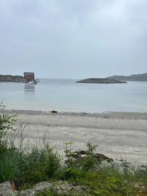 a beach with a boat in the water at Fjærestua in Hitra