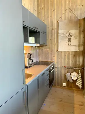 a kitchen with gray cabinets and a counter top at Sjusjøen Hytteutleie AS in Sjusjøen