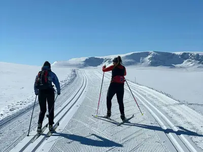 two people are cross country skiing in the snow at Architect Designed Cabin With Panoramic Views in Ål