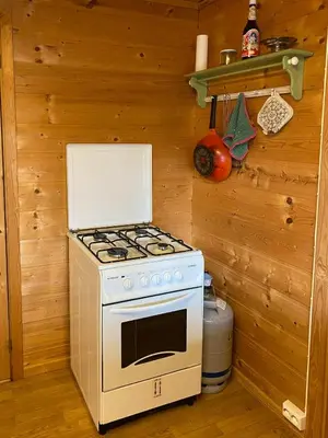 a kitchen with a stove in a cabin at Peaceful Smallholding With Yoga Studio in Traut