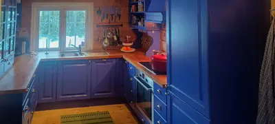 a kitchen with blue cabinets and a sink at Cabin With Sauna In Vegglifjell in Veggli