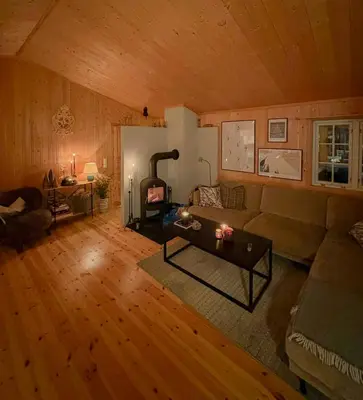 a living room with a couch and a fireplace at Family-Friendly Cabin In Nordseter Near Ski Trails in Lillehammer