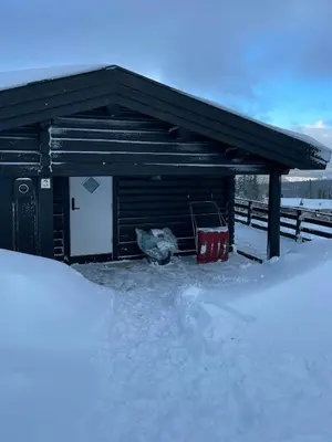 a chicken standing outside of a building in the snow at Log Cabin With Views Over Trysil Mountain in Trysil