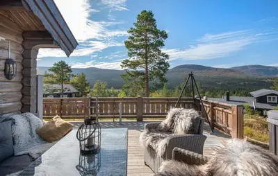 a porch with a view of a mountain at Amazing Home In Lesjaskog With Wifi in Bjorli