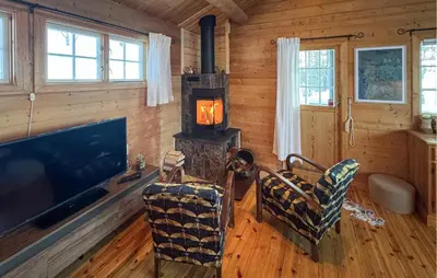 a living room with a woodburning stove in a cabin at 2 Bedroom Pet Friendly Home In Rendalen in Rendalen