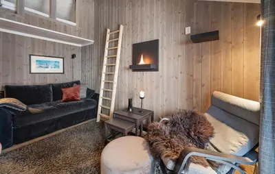 a living room with a couch and a fireplace at Amazing Apartment In Hovden I Setesdal in Hovden