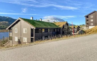 a building with a green roof with a mountain in the background at Lovely Apartment In Rjukan With Wifi in Rjukan