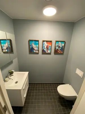 a bathroom with a sink and a toilet and pictures on the wall at Modern, big and central apartment in Trondheim in Trondheim