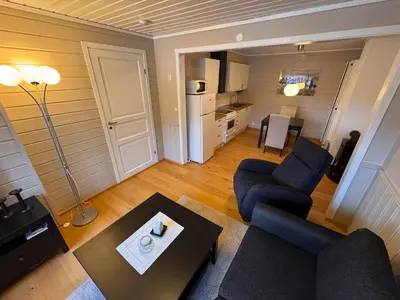 a living room with a couch and a table at 2 roms kjellerleilighet med separat soverom in Luster