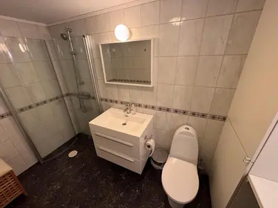 a bathroom with a toilet and a sink and a mirror at 2 roms kjellerleilighet med separat soverom in Luster