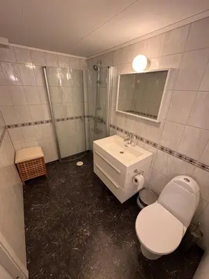 a bathroom with a white toilet and a sink at 2 roms kjellerleilighet med separat soverom in Luster