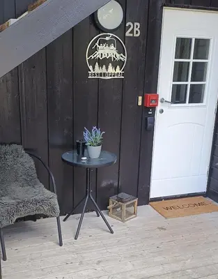 a table with a potted plant next to a door at Ski inn Ski Out Best holiday Apartments i Oppdal in Oppdal
