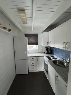 a white kitchen with a sink and a refrigerator at Cozy Oceanfront Escape in Nautnes