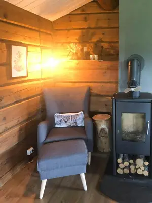 a living room with a chair and a stove at Charming Log Cabin In Jøldalen in Rennebu