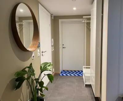 a hallway with a mirror and a door with a plant at Apartment in Trondheim, Tiller in Trondheim