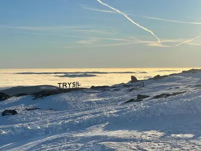 a snow covered slope with the words tysk on it at Bekkvang Fjøs Tiny House in Trysil