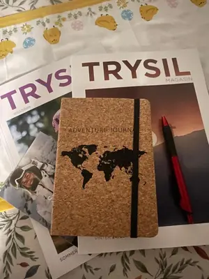 a book and a pen on a table with a magazine at Bekkvang Fjøs Tiny House in Trysil