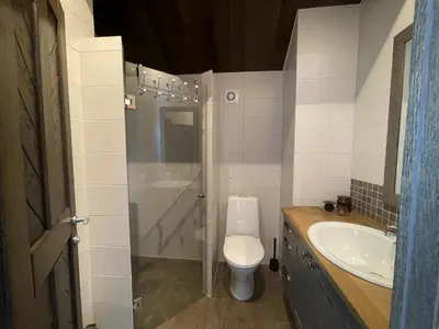 a bathroom with a shower and a toilet and a sink at Mountain Retreat Near Hiking And Skiing in Beitostøl