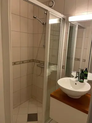 a bathroom with a shower and a sink and a shower at Geilo Gaarden - Geilo sentrum in Geilo