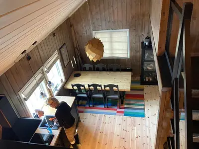 an overhead view of a table and chairs in a house at Cozy Cabin Hovden Fjellpark 71 in Hovden