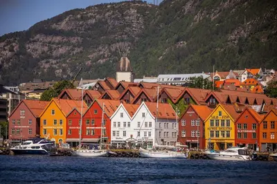 a group of colorful buildings next to a body of water at Bergens Nr1 smau I Enkel innsjekk I Sjøutsikt in Bergen