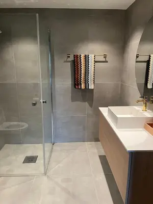 a bathroom with a shower and a sink at Stylish apartment in Myrkdalen in Vossestrand