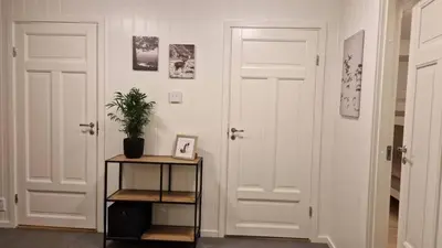 a hallway with two white doors and a table with a plant at Lom in Lom