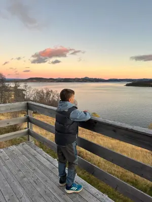 a boy leaning against a fence looking at the water at Møsstrond Turisthytte in Hovden