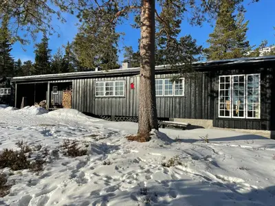 a cabin in the snow with a tree in the foreground at Modernized Cabin At Norefjell With View in Eggedal