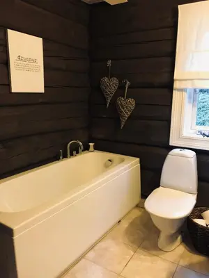 a bathroom with a bath tub and a toilet at Siribu in Vågsli