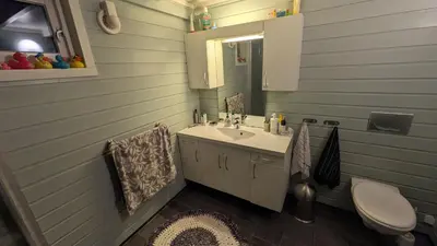 a bathroom with a sink and a toilet at Flott hytte i Vistdal, Romsdal in Myklebostad