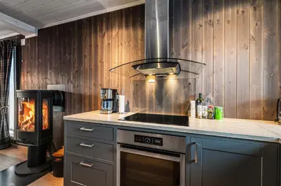 a kitchen with a stove top oven next to a fireplace at Harmony in Geilo, modern and cozy cabin with jacuzzi in Geilo