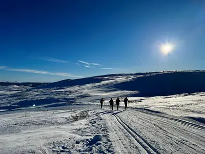 three people walking down a snow covered hill at Harmony in Geilo, modern and cozy cabin with jacuzzi in Geilo