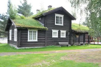 a log cabin with a grass roof at Stor-Elvdal Hotell in Koppang
