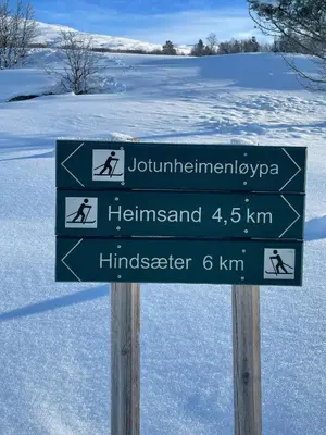 a green street sign on a pole in the snow at Charming Cabin In Jotunheimen in Vaga