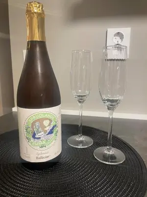 a bottle of wine and two wine glasses on a table at Trolladalen 8A1V in Sogndal